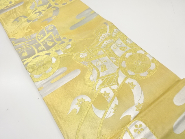 JAPANESE KIMONO / ANTIQUE FUKURO OBI / SILK / WOVEN CARRIAGE & EGASUMI